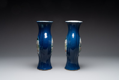 A pair of Chinese famille verte blue-ground lobed vases with figural design, 19th C.