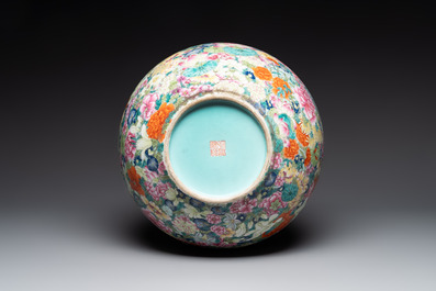A large Chinese famille rose 'millefleurs' 'tianqiuping' vase, Qianlong mark, 20th C.