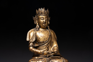 A large Sino-Tibetan gilt bronze Buddha, Xuande mark, possibly Ming