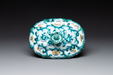 A Brussels faience tureen and cover with butterflies and caterpillars, 18th C.