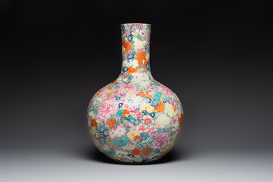 A large Chinese famille rose 'millefleurs' 'tianqiuping' vase, Qianlong mark, 20th C.