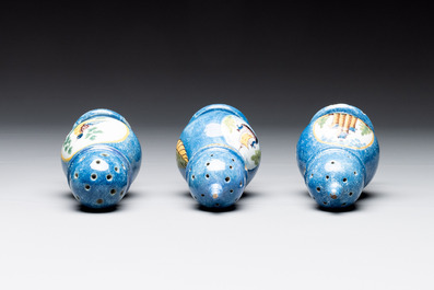 Three polychrome Brussels faience canisters, 18/19th C.
