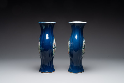 A pair of Chinese famille verte blue-ground lobed vases with figural design, 19th C.