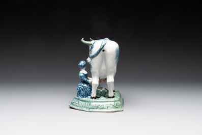 A pair of unusual polychrome Dutch Delft milking groups, 18th C.