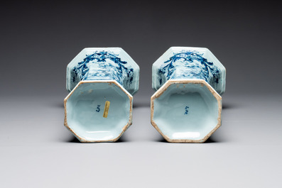 A large blue and white Dutch Delft garniture of five vases and covers, 2nd half 18th C.