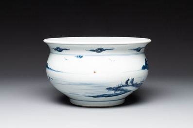 A Chinese blue and white 'river landscape' censer, 18th C.