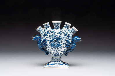A pair of blue and white Dutch Delft heart-shaped tulip vases, early 18th C.
