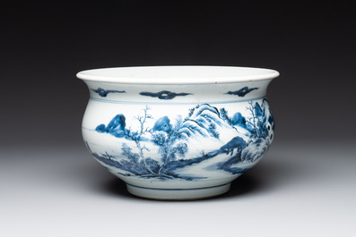A Chinese blue and white 'river landscape' censer, 18th C.