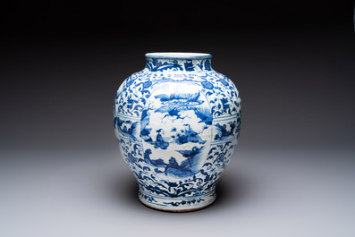 A large Chinese blue and white baluster vase with figures and landscapes, Transitional period