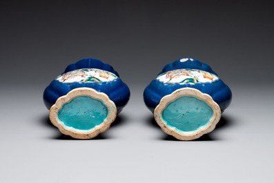 A pair of Chinese famille verte blue-ground lobed vases with figural design, 19th C.