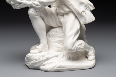 A S&egrave;vres biscuit porcelain figure 'Le Porteur de Mouton' by Fernex, after Boucher, 18th C.