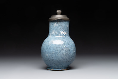 A monochrome blue Brussels faience pewter-mounted jug, 18th C.