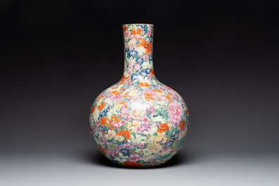 A large Chinese famille rose 'millefleurs' 'tianqiuping' vase, Qianlong mark, 20th C.