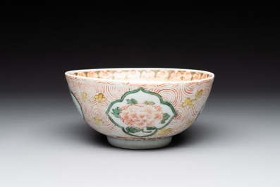 A Chinese wucai 'pomegranate, peony and rabbit' bowl, Transitional period