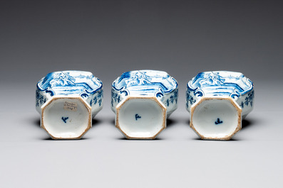 A blue and white Dutch Delft garniture of five vases and covers, 2nd half 18th C.