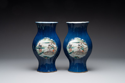 A pair of Chinese famille verte blue-ground lobed vases with figural design, 19th C.