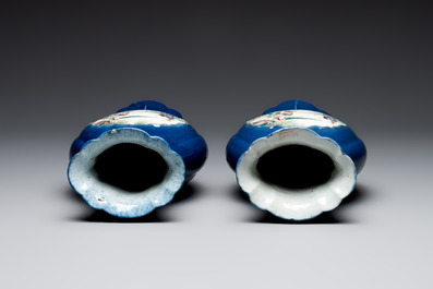 A pair of Chinese famille verte blue-ground lobed vases with figural design, 19th C.
