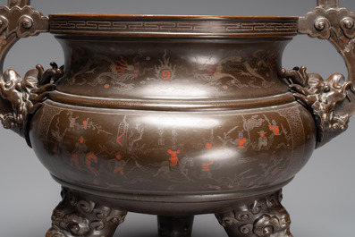 A massive Vietnamese copper- and silver-inlaid 'Buddhist lion' censer and cover on stand, 19th C.