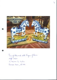 A fine pair of blue and white Dutch Delft horses on a green base, 18th C.