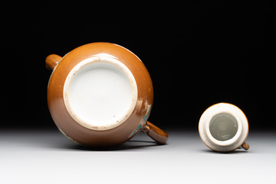 A Chinese famille rose capucin-brown-ground 'Magu' ewer and cover, Yongzheng/Qianlong