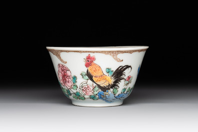 An extremely rare Chinese famille rose semi-eggshell 'rooster' cup, Baiyun Shanren 白雲山人 seal mark, Yongzheng
