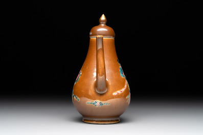A Chinese famille rose capucin-brown-ground 'Magu' ewer and cover, Yongzheng/Qianlong