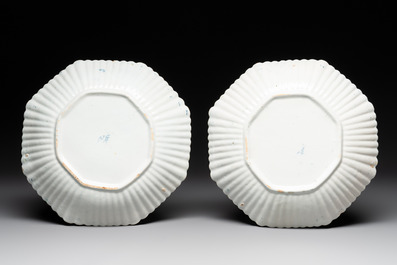 A pair of gadrooned blue and white Dutch Delft chinoiserie dishes, 18th C.