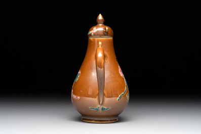 A Chinese famille rose capucin-brown-ground 'Magu' ewer and cover, Yongzheng/Qianlong