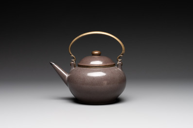 Three Chinese Thai market polished Yixing stoneware teapots with brass mounts, 19th C.