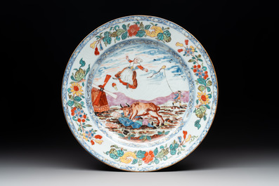 A rare Chinese Dutch decorated 'The miracle of Zaandam' plate and a cup, Qianlong