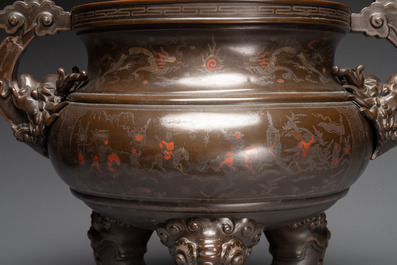 A massive Vietnamese copper- and silver-inlaid 'Buddhist lion' censer and cover on stand, 19th C.