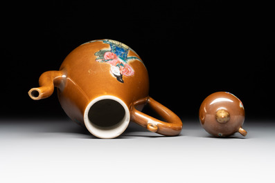 A Chinese famille rose capucin-brown-ground 'Magu' ewer and cover, Yongzheng/Qianlong