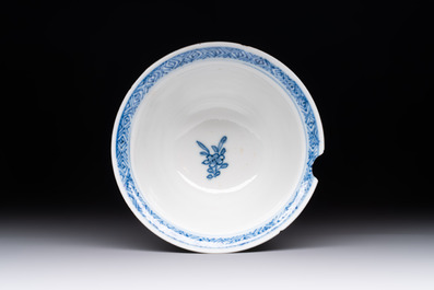 A pair of Chinese blue and white salts and a reticulated double-walled cup, Kangxi