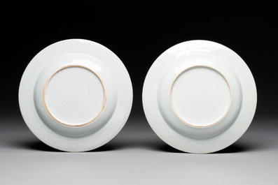 Two Chinese famille rose 'magpies and peonies' plates with bianco-sopra-bianco rims, Yongzheng