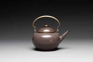 Three Chinese Thai market polished Yixing stoneware teapots with brass mounts, 19th C.