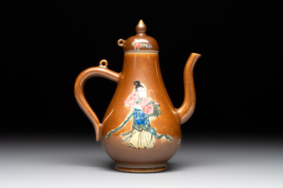 A Chinese famille rose capucin-brown-ground 'Magu' ewer and cover, Yongzheng/Qianlong
