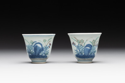 A pair of Chinese doucai 'narcissus' wine cups, Guangxu mark and of the period