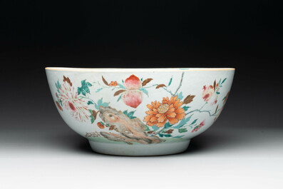 A large Chinese famille rose punch bowl with flowering and fruiting branches, Qianlong