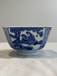 A Chinese blue and white square bowl with ladies in a garden, Kangxi mark and of the period