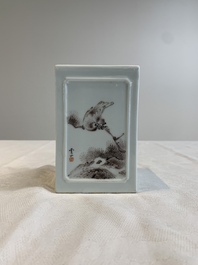 A square Chinese grisaille 'eagle' brush pot, signed Lu Yunshan 陸雲山, dated 1946