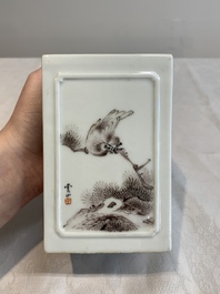 A square Chinese grisaille 'eagle' brush pot, signed Lu Yunshan 陸雲山, dated 1946