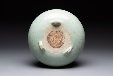 A Chinese celadon-glazed tripod censer with 'anhua' floral design, Kangxi