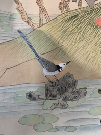 Yi Ting 彝庭, Gong Yin 宮音 and Zhang Mingxuan 張明軒 : 'Mountainous landscape', 'Peonies' and 'Grapes', ink and colour on paper and silk, 20th C.