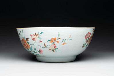 A large Chinese famille rose punch bowl with flowering and fruiting branches, Qianlong