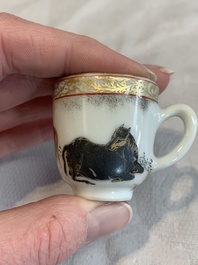 A pair of rare Chinese gilt-decorated grisaille and iron-red miniature 'horse' cups, Yongzheng/Qianlong