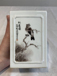 A square Chinese grisaille 'eagle' brush pot, signed Lu Yunshan 陸雲山, dated 1946