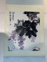 Yi Ting 彝庭, Gong Yin 宮音 and Zhang Mingxuan 張明軒 : 'Mountainous landscape', 'Peonies' and 'Grapes', ink and colour on paper and silk, 20th C.