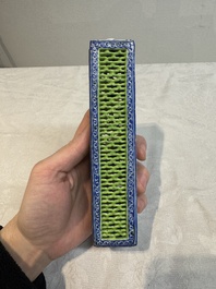 A Chinese blue- and green-enamelled reticulated incense stick holder, 19th C.