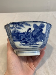 A Chinese blue and white square bowl with ladies in a garden, Kangxi mark and of the period