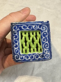 A Chinese blue- and green-enamelled reticulated incense stick holder, 19th C.